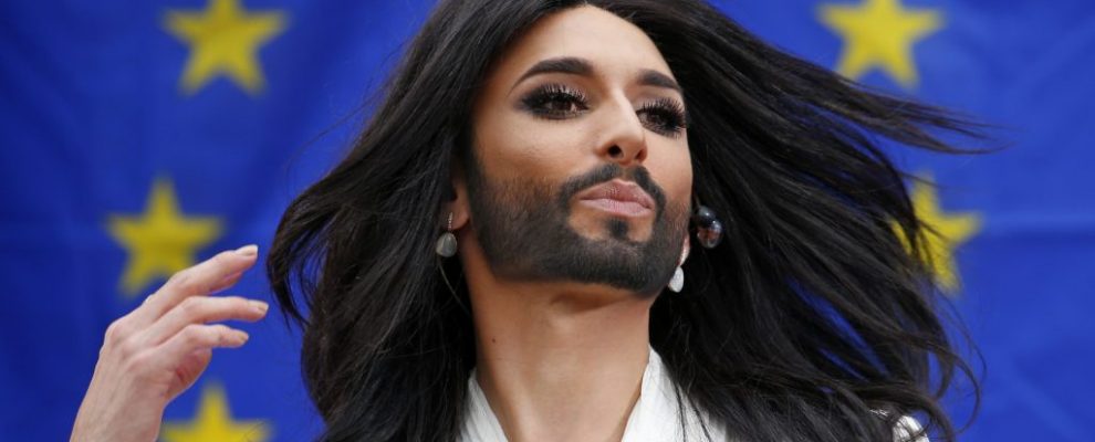 Wurst, the bearded transgender winner of the Eurovision Song Contest, performs during a concert at the European Parliament in Brussels
